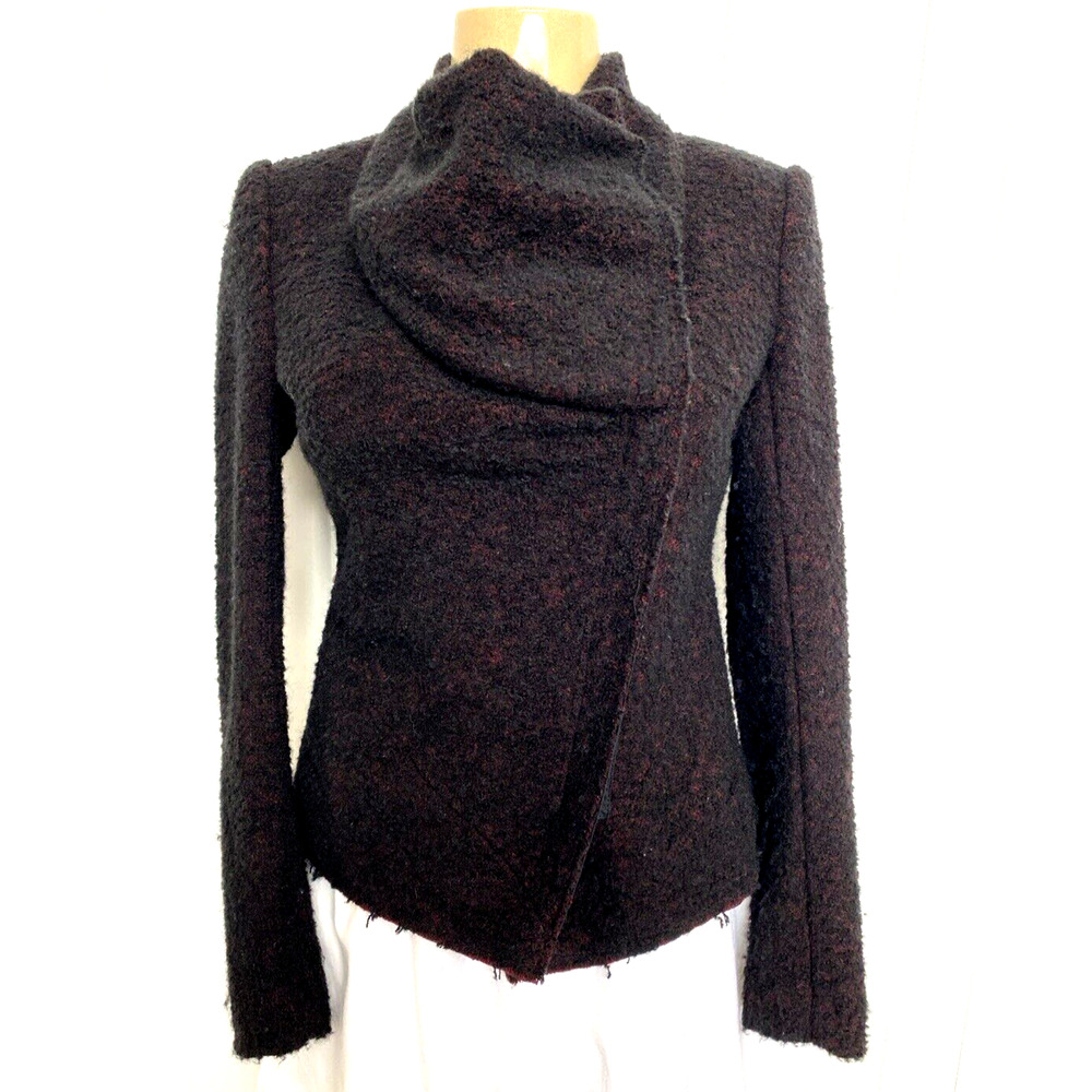 Isabel Marant Boucle Knit Moto Jacket Blazer Burgundy Black Zip Front Wo…